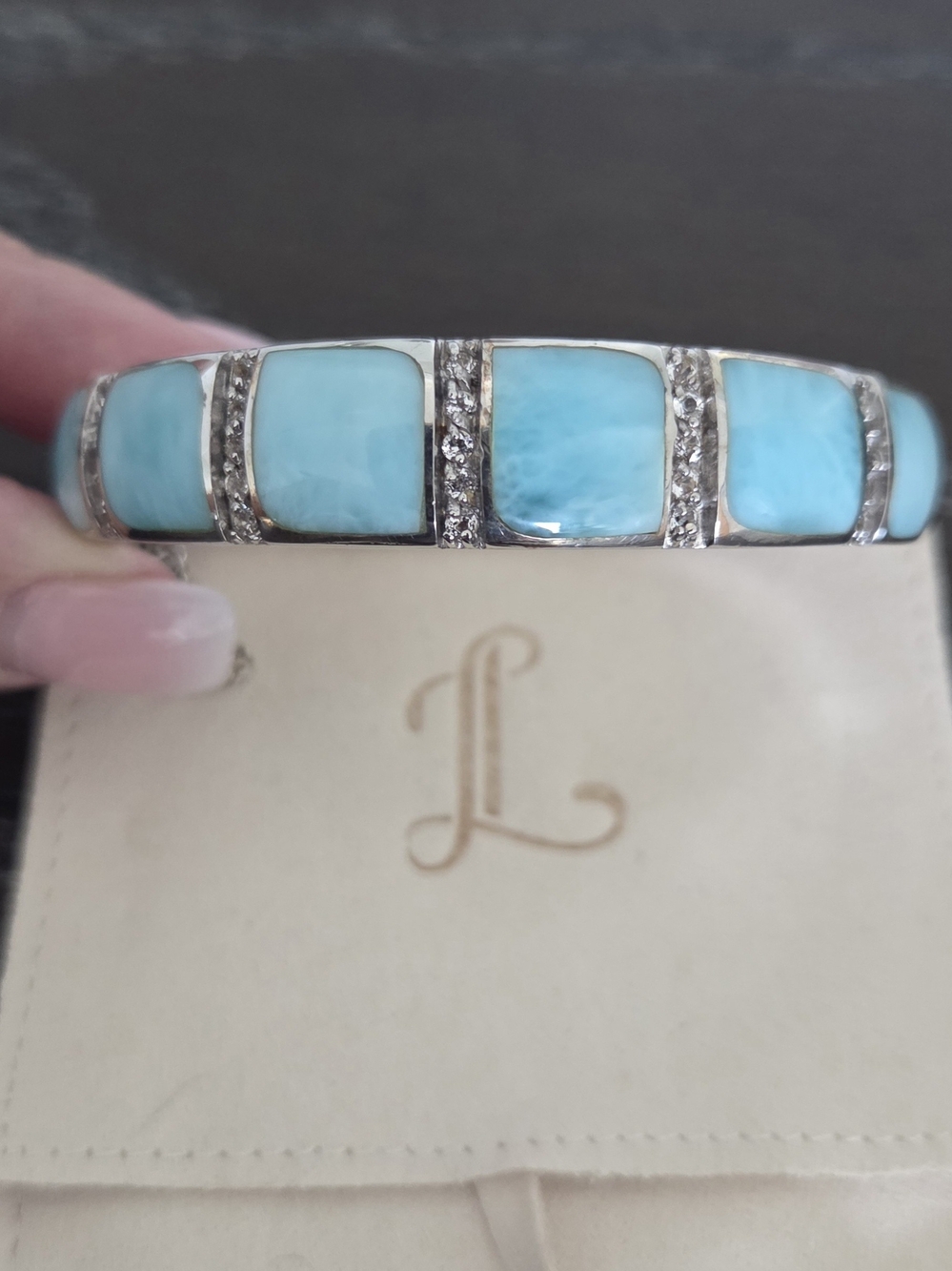 Larimar Inlay Silver Bangle Bracelet - Light Blue